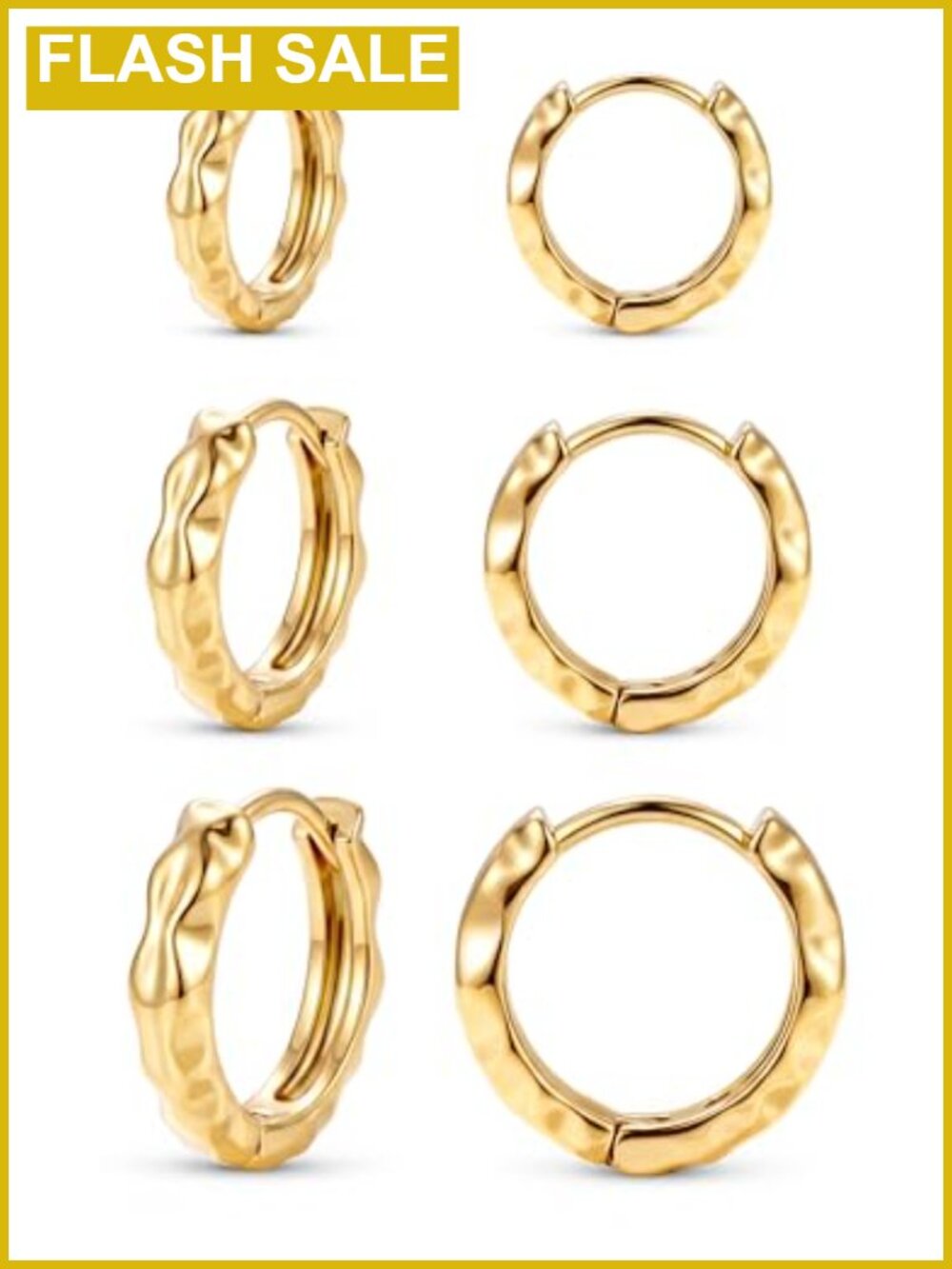 Hammered Huggie Hoop Earrings Set 8/10/12mm 14K Gold Plated Hypoallergenic